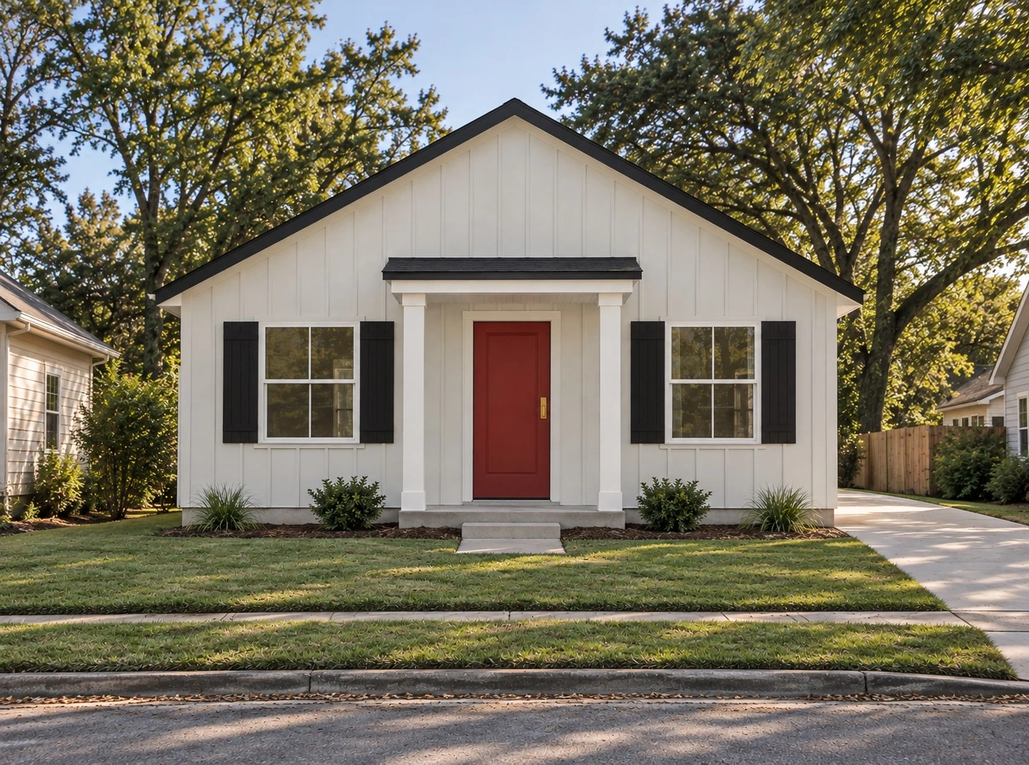 Artist's concept of The Dexter, a one-story home with board-and-batten siding, covered front porch and red front door