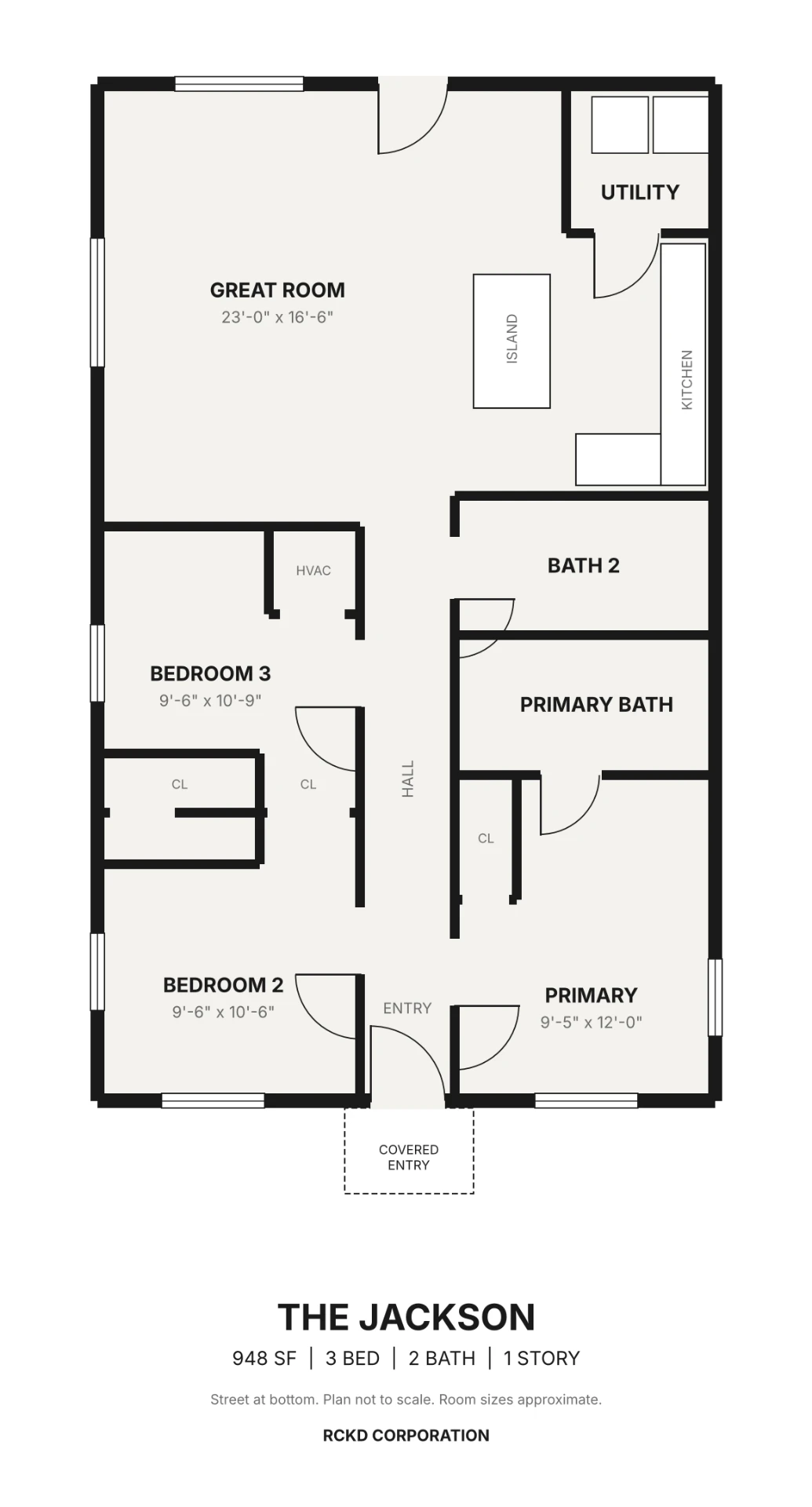 The Jackson floor plan showing three bedrooms, two bathrooms, a rear great room, kitchen island and dedicated laundry room