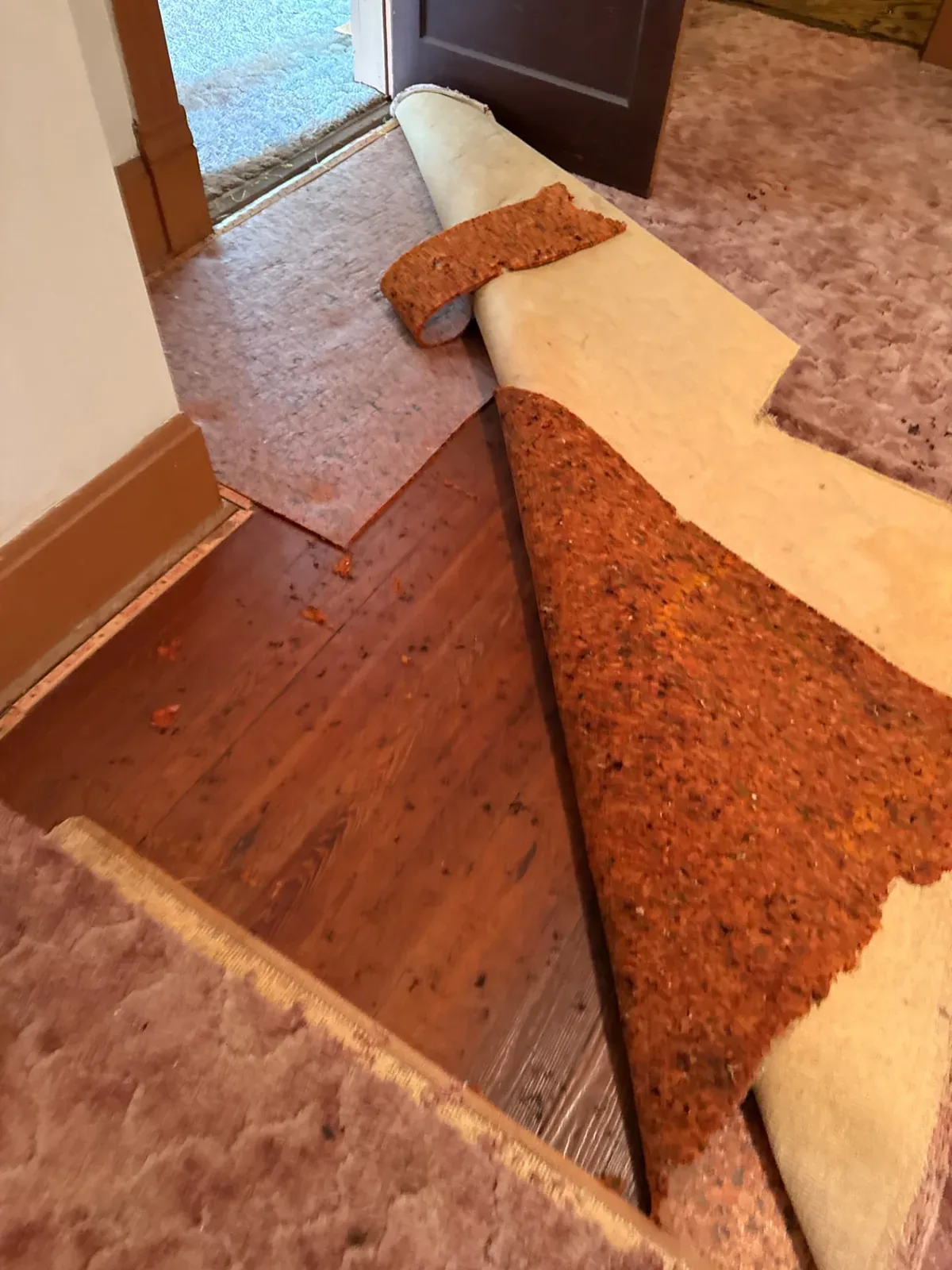 Carpet removal revealing original hardwood before renovation, The Ridgecrest Remodel, Ridgecrest / Southern Meadows, Montgomery