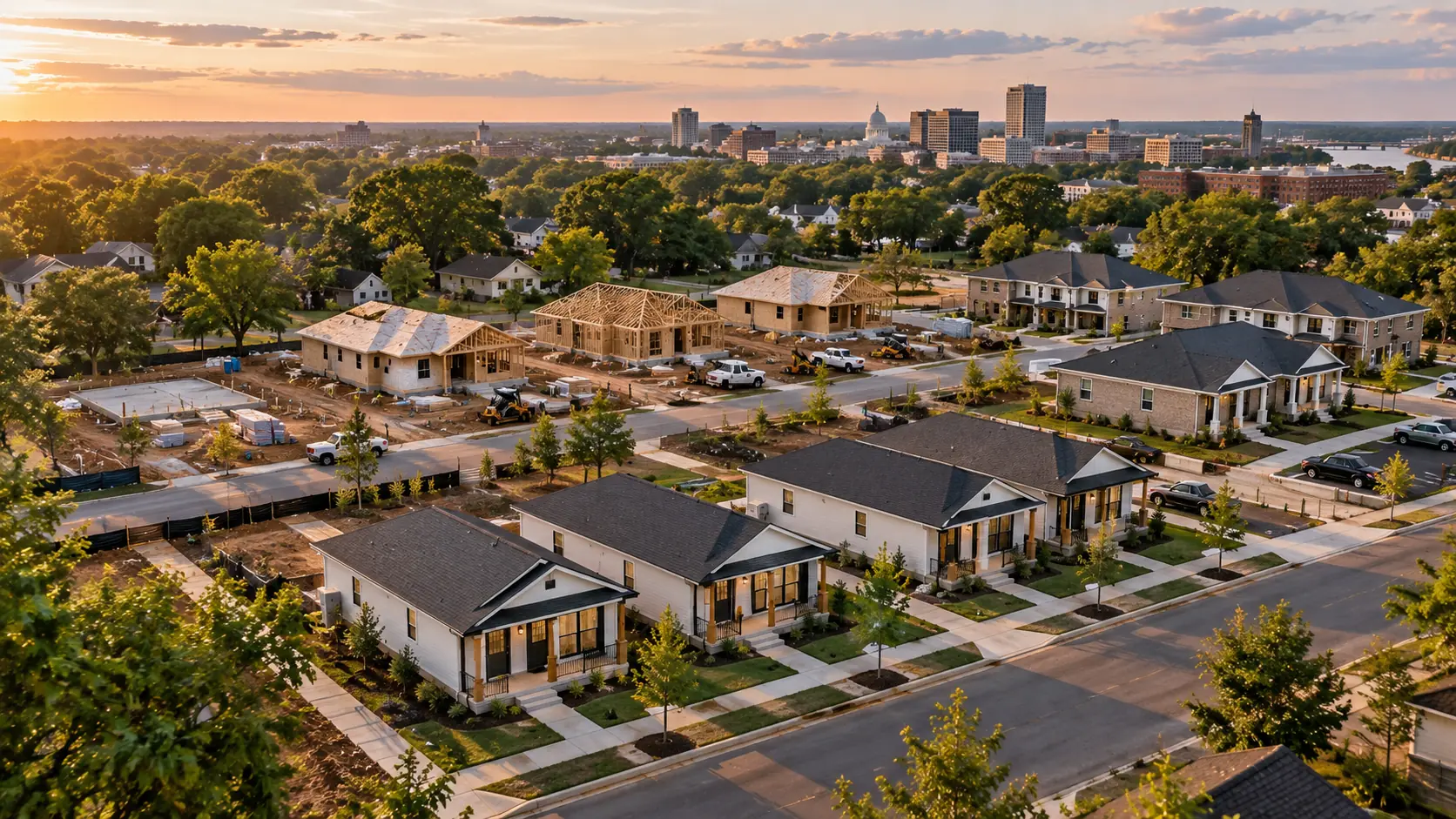 Aerial conceptual rendering of new residential development in Montgomery with homes in the foreground and the city skyline beyond.