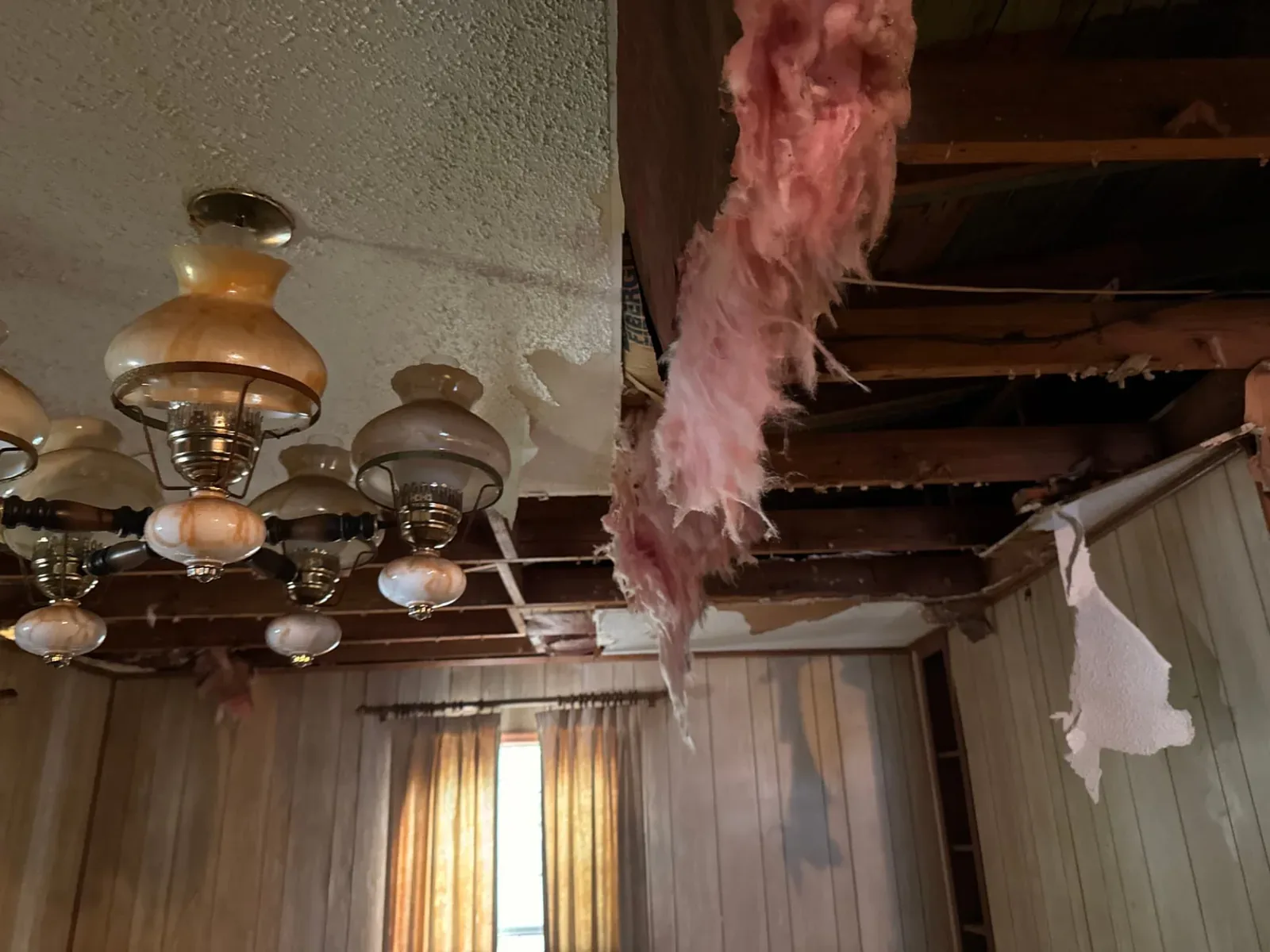 Ceiling demolition exposing joists and insulation before renovation, The Ridgecrest Remodel, Ridgecrest / Southern Meadows, Montgomery