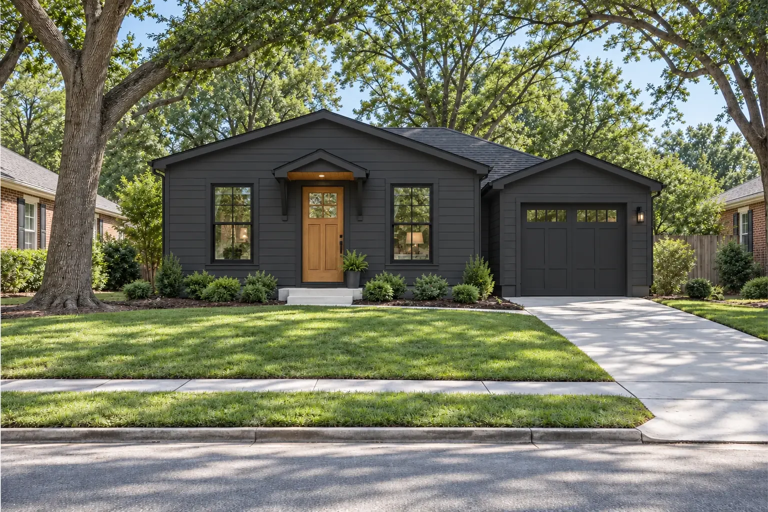 Conceptual rendering of The Jackson, a one-story charcoal home with a wood front door, covered entry and attached one-car garage.