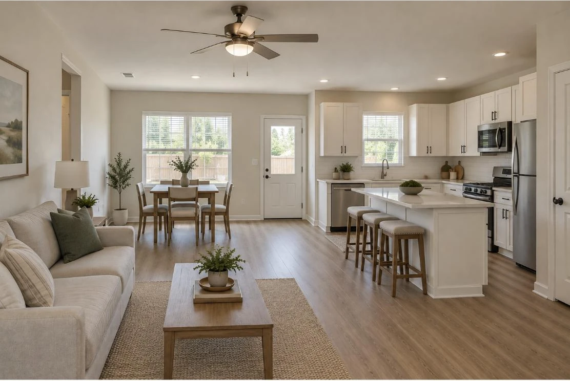 Conceptual interior of the great room and kitchen with a seating island