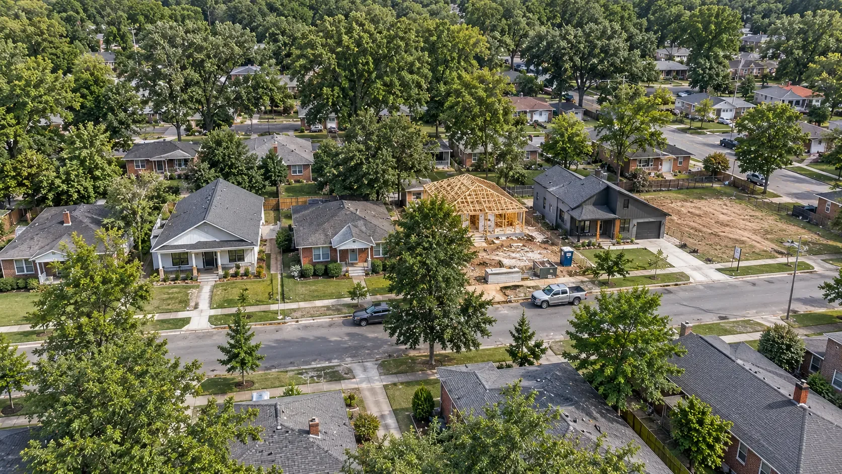 Conceptual aerial of new infill homes and active construction in an established Montgomery neighborhood.