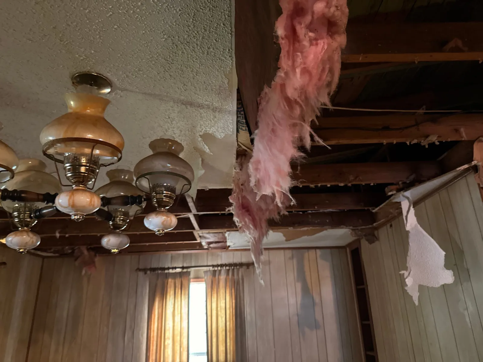 D Nixon Ave ceiling demolition exposing joists and insulation