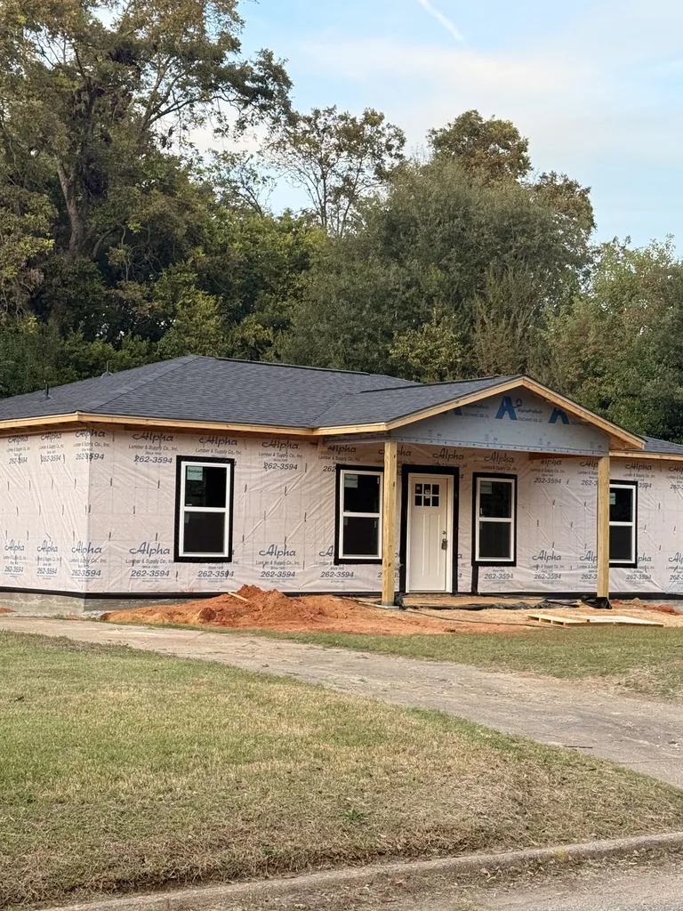 Dalraida Residence, new single-family infill home in Dalraida, Montgomery, now dried in with roof, windows and doors installed