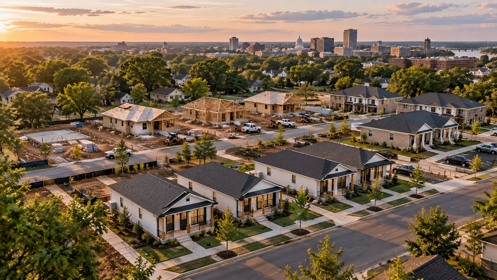 Aerial conceptual rendering of new residential development in Montgomery with homes in the foreground and the city skyline beyond.