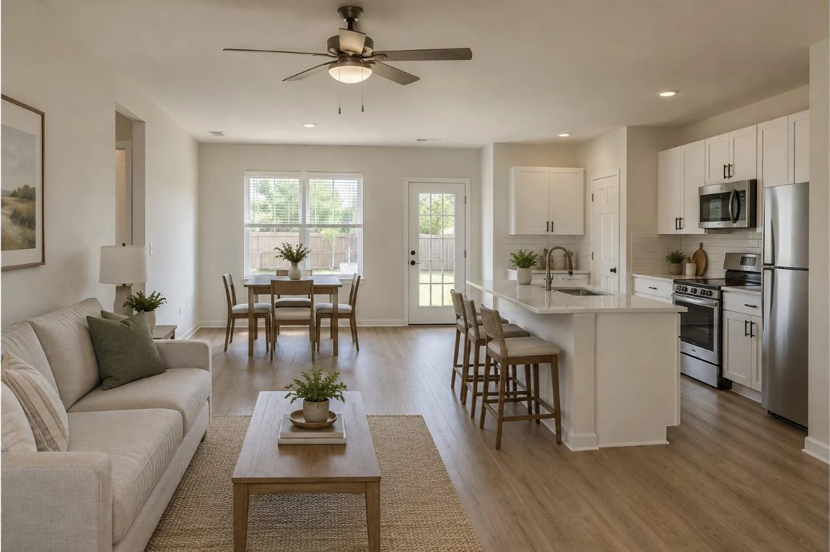 Conceptual interior of the great room and kitchen with island seating