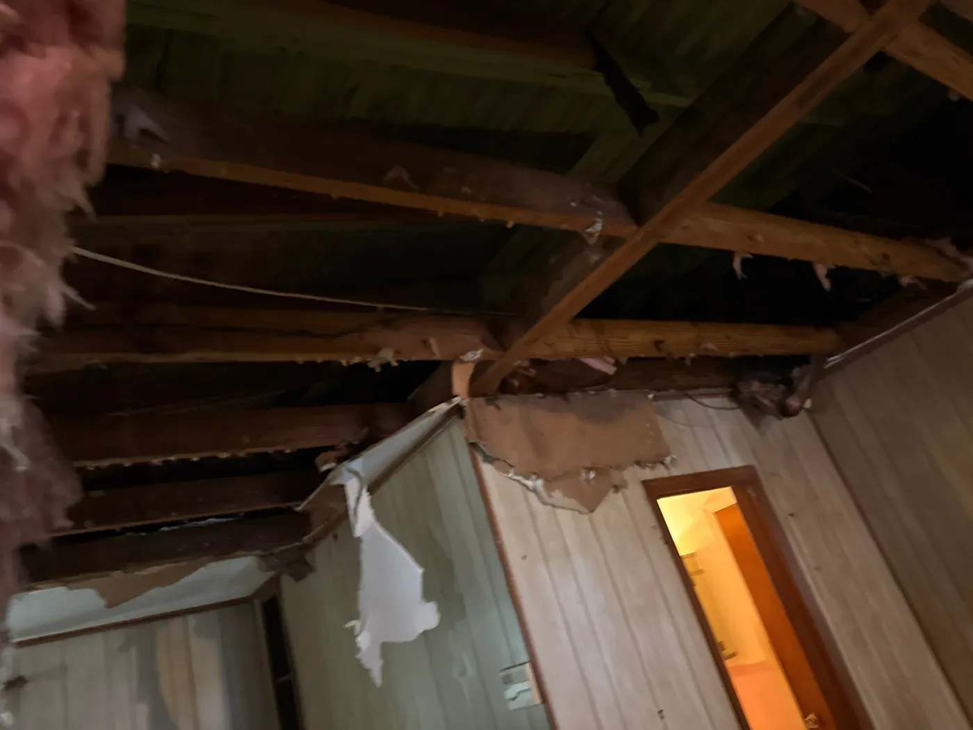 Kitchen with exposed ceiling joists before renovation, The Ridgecrest Remodel, Ridgecrest / Southern Meadows, Montgomery