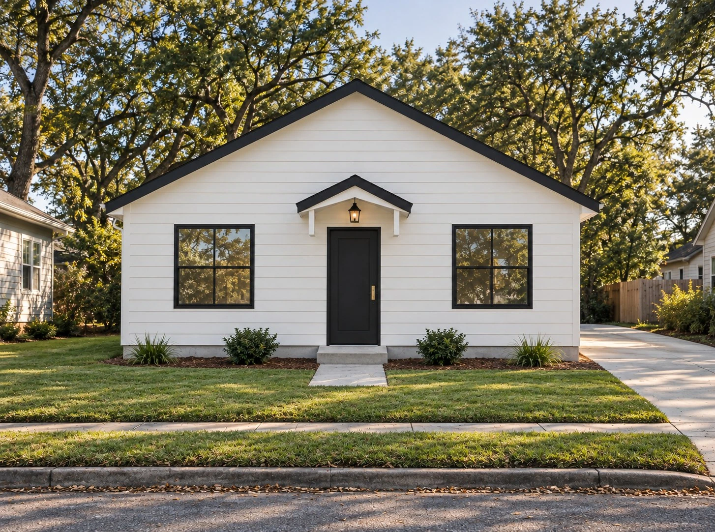 Artist's concept of The Jackson, a one-story home with a front gable, white siding and covered entry